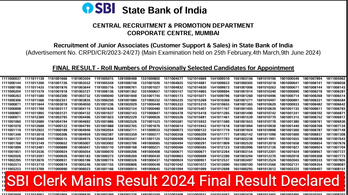 SBI Clerk Mains Result 2024