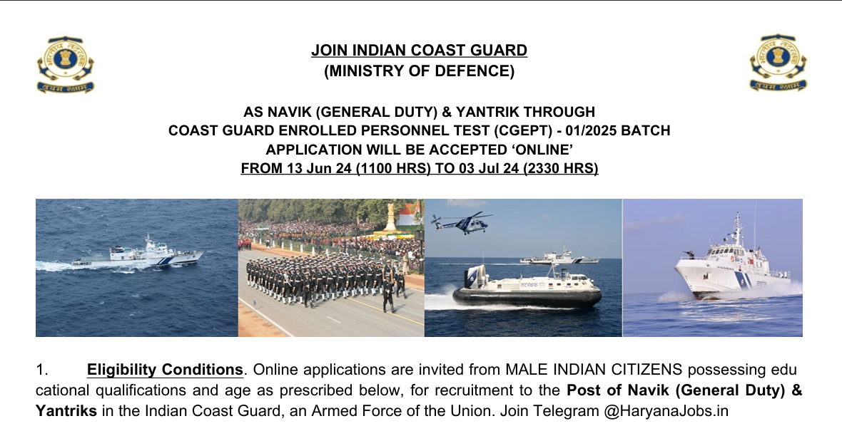 Indian Coast Guard Navik and Yantrik Recruitment 2024