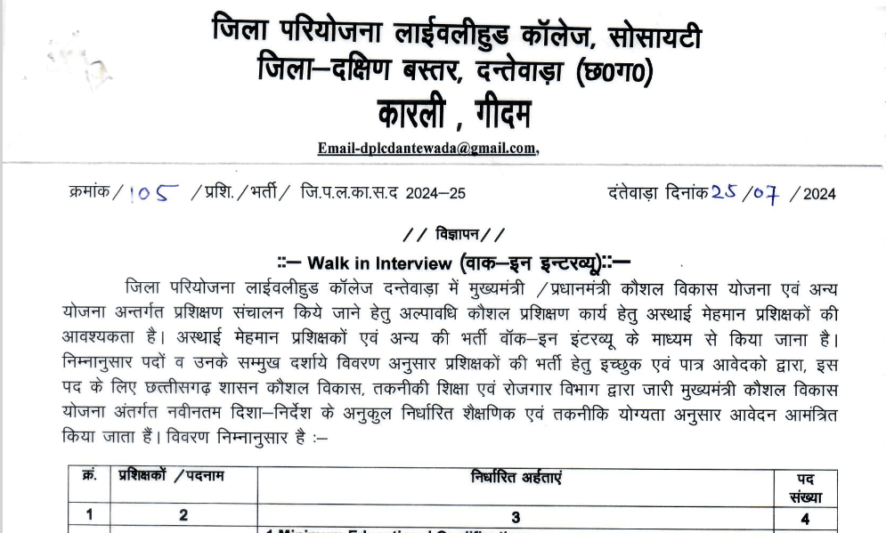 Dantewada Walk In Interview 2024