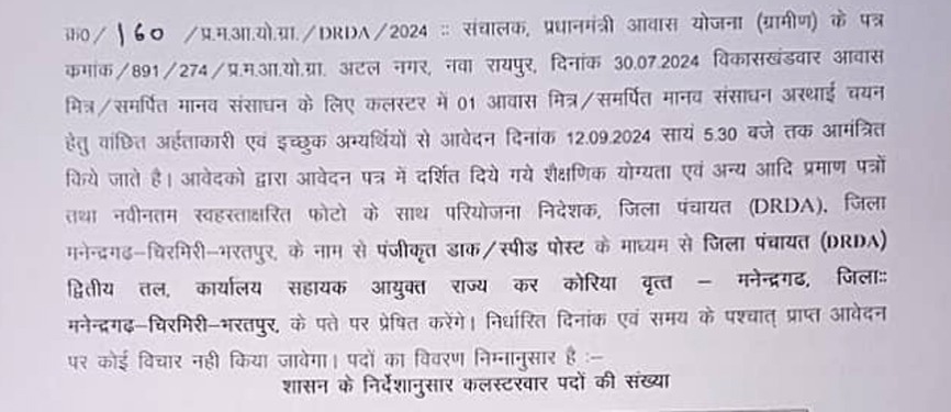 Manendragarh Chirmiri Awas Mitra Vacancy 2024